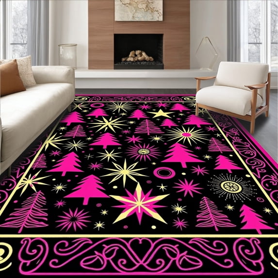 ODIKA 6'x9' Machine Washable Non-Slip Area Rug, Holiday Sparkle Conifer Motif Duo with Bottom High Traffic Rug, Black, 621288