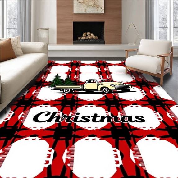 ODIKA 6'x9' Machine Washable Non-Slip Area Rug, Holiday Truck Farmhouse Buffalo Check Vintage Xmas Tree Design High Traffic Rug with Pad, Red, 651831