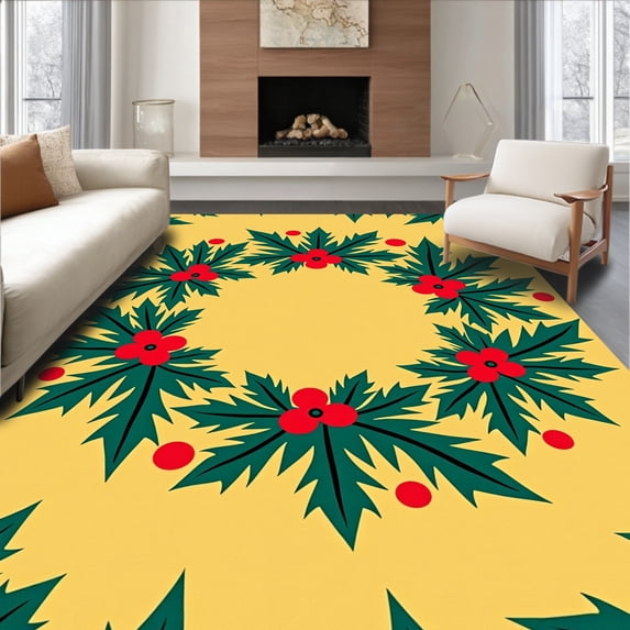ODIKA 6'x9' Machine Washable Non-Slip Area Rug, Holly Berry Wreath Design Holiday Porch Seasonal Front Step Cover High Traffic Rug, Yellow, 504056