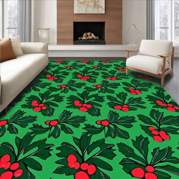 ODIKA 6'x9' Machine Washable Non-Slip Area Rug, Holly Berry Wreath Door Christmas Botanical Entrance Decoration High Traffic Rug, Green, 642069