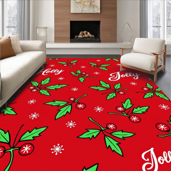 ODIKA 6'x9' Machine Washable Non-Slip Area Rug, Holly Jolly Festive Yuletide Hearth Welcome High Traffic Rug, Red, 651475