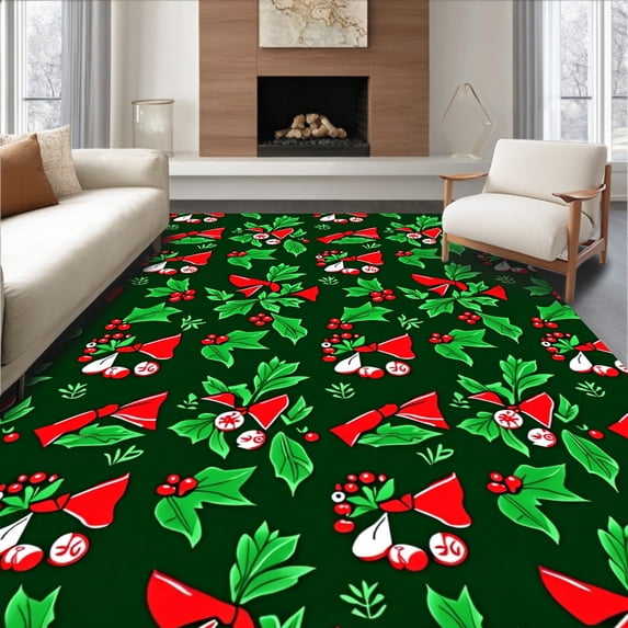 ODIKA 6'x9' Machine Washable Non-Slip Area Rug, Holly Wreath Christmas with Festive Bow Accents High Traffic Rug, Green, 733198