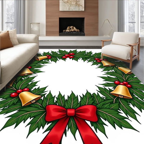 ODIKA 6'x9' Machine Washable Non-Slip Area Rug, Holly Wreath Punch Needle Embroidery Kit with Festive Bell Motifs High Traffic Rug with Pad, Green, 746901