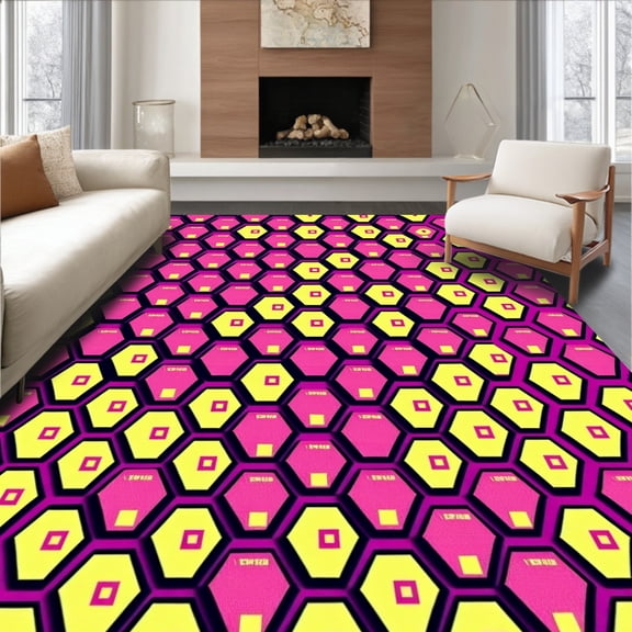 ODIKA 6'x9' Machine Washable Non-Slip Area Rug, Honeycomb Hexagonal Welcome with Contemporary Bee Inspired Art High Traffic Rug, Purple, 612112