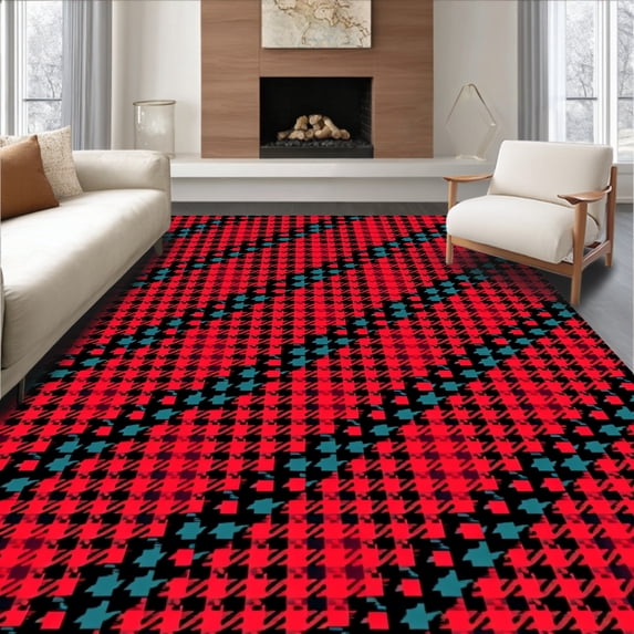 ODIKA 6'x9' Machine Washable Non-Slip Area Rug, Houndstooth with Classic Elegance High Traffic Rug, Red, 610511