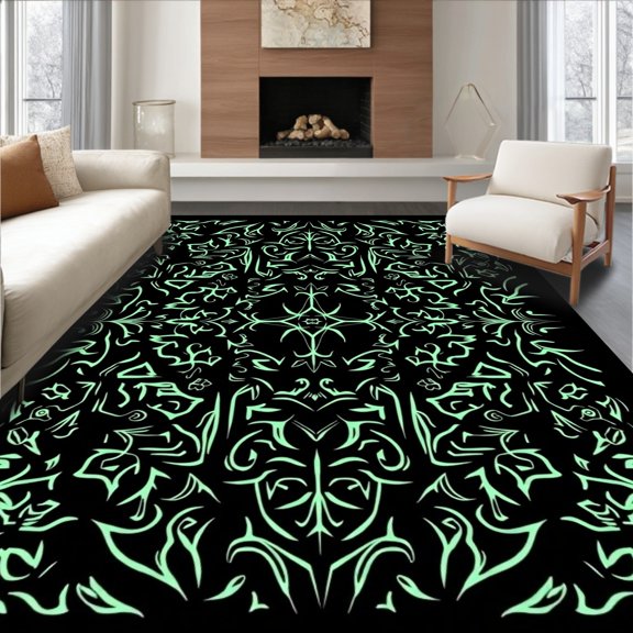 ODIKA 6'x9' Machine Washable Non-Slip Area Rug, Industrial Grunge With Gothic Ivy And Motifs High Traffic Rug, Black, 540204