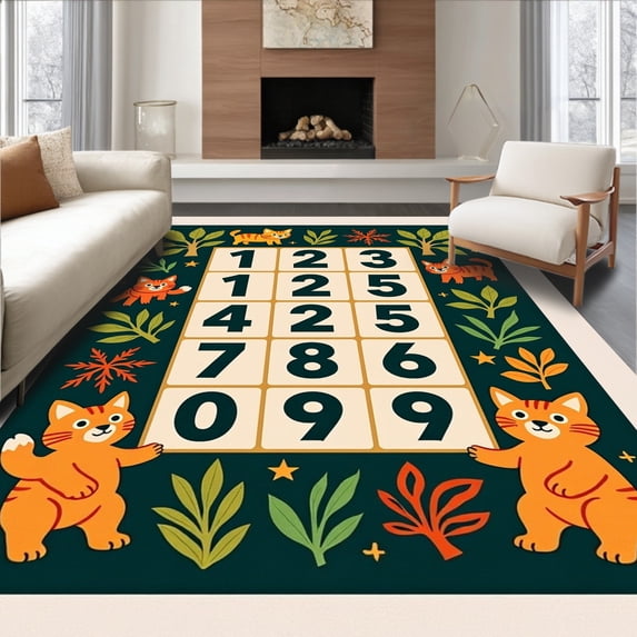 ODIKA 6'x9' Machine Washable Non-Slip Area Rug, Interactive Hopscotch with Numbers Letters and Friendly Forest Animals High Traffic Rug, Green, 685999