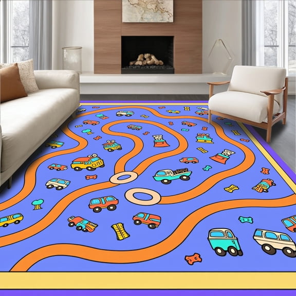 ODIKA 6x9 Machine Washable Non-Slip Area Rug, Interactive Village Roadway Featuring Animal Friends and Rolling Vehicles High Traffic Rug, Blue, 685880