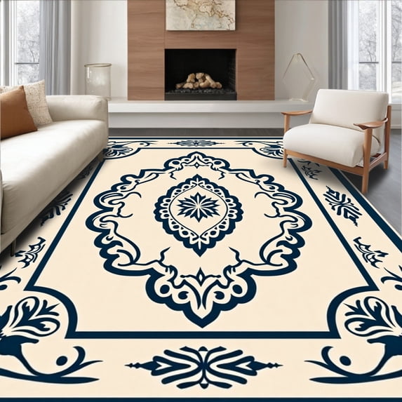 ODIKA 6'x9' Machine Washable Non-Slip Area Rug, Interlocking Medallion Lattice with Ornate Scrollwork Motifs High Traffic Rug, Beige, 558217