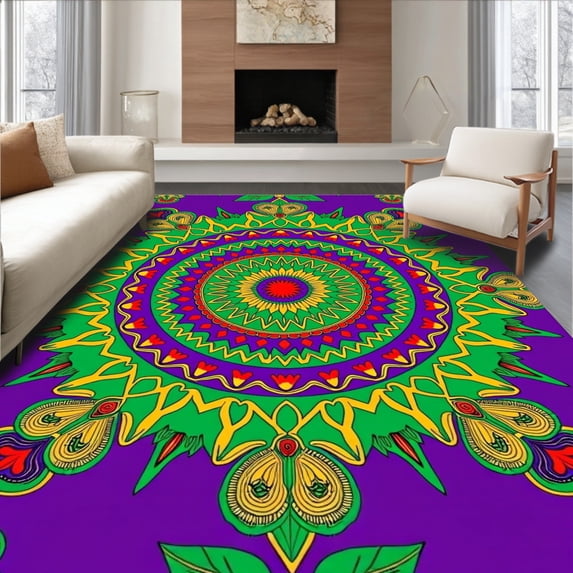 ODIKA 6'x9' Machine Washable Non-Slip Area Rug, Interlocking Starburst Motif with Festive Emerald and Crimson Highlights High Traffic Rug with Pad, Purple, 613536