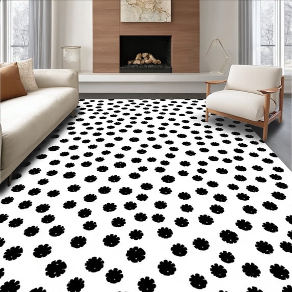 ODIKA 6'x9' Machine Washable Non-Slip Area Rug, Irregular Dalmatian Style Spotted with Patch Motifs High Traffic Rug, Black, 684275