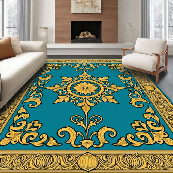 ODIKA 6x9 Machine Washable Non-Slip Area Rug, Jewel Botanical Scroll Exquisite Handtufted Creation High Traffic Rug, Gold, 666214