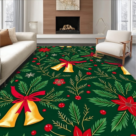 ODIKA 6'x9' Machine Washable Non-Slip Area Rug, Jingle Bells Decorative Bathroom Entrance Seasonal High Traffic Rug, Green, 626578