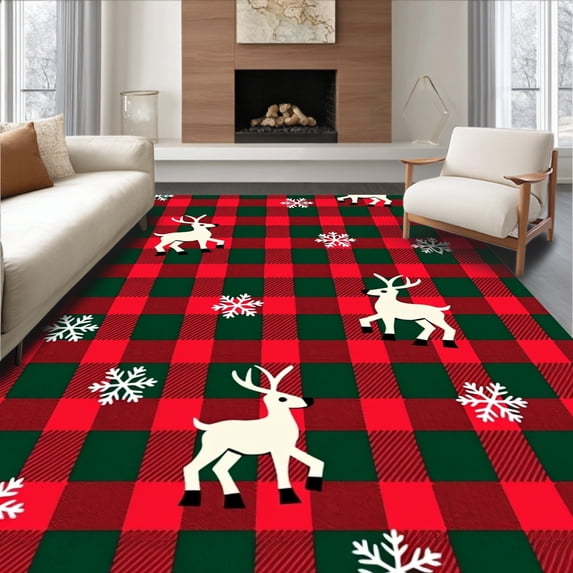 ODIKA 6'x9' Machine Washable Non-Slip Area Rug, Jolly Caribou Gingham Cottage Mountain Celebration High Traffic Rug with Pad, Red, 623095