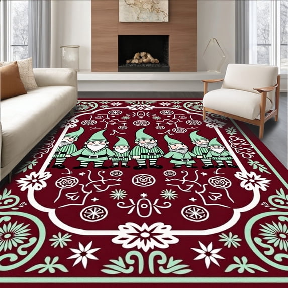 ODIKA 6'x9' Machine Washable Non-Slip Area Rug, Jolly Holiday Gnome Parade with Vintage Starburst and Striped Ornament Details High Traffic Rug, Red, 731633