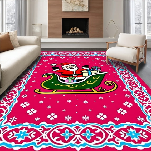 ODIKA 6'x9' Machine Washable Non-Slip Area Rug, Jolly Santa Sleigh Ride with Snowflake Border Holiday Art High Traffic Rug with Pad, Pink, 648240