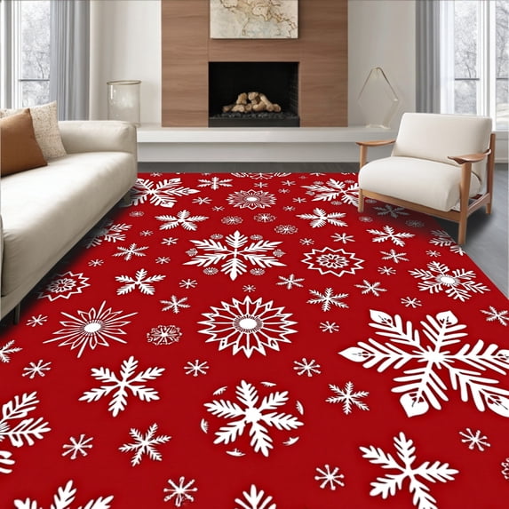 ODIKA 6'x9' Machine Washable Non-Slip Area Rug, Joyful Crystal Wonderland Decorative Seasonal Embellishment High Traffic Rug with Pad, Red, 605668
