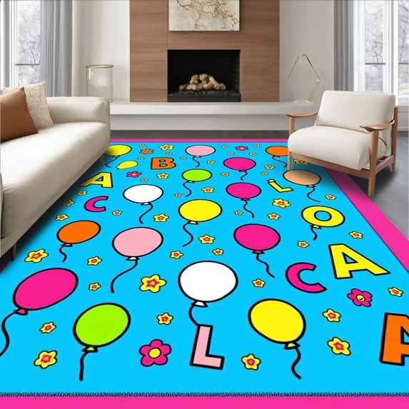 ODIKA 6'x9' Machine Washable Non-Slip Area Rug, Joyful Floating Letters Knowledge With Anti Skid Bottom High Traffic Rug with Pad, Pink, 698336