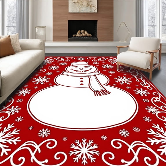 ODIKA 6'x9' Machine Washable Non-Slip Area Rug, Joyful Frosty Character and Swirling Snowflake Art Nouveau Design High Traffic Rug with Pad, Red, 613189