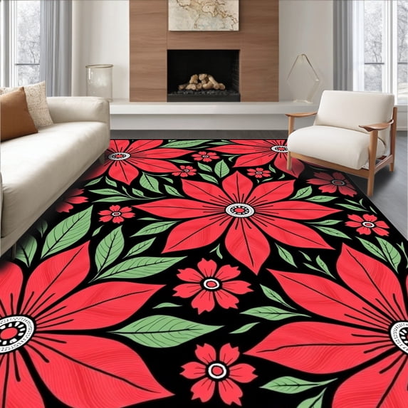 ODIKA 6'x9' Machine Washable Non-Slip Area Rug, Joyful Poinsettia Bloom Yuletide Flower Garden Entrance High Traffic Rug, Red, 733378