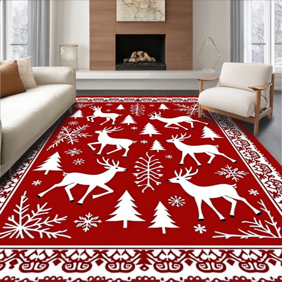 ODIKA 6x9 Machine Washable Non-Slip Area Rug, Joyful Reindeer Prancing Through Snowy Forest Wonderland High Traffic Rug, Red, 505489