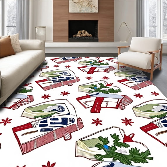 ODIKA 6'x9' Machine Washable Non-Slip Area Rug, Joyful Woodland Journey Seasonal Hearth Step Protective Ensemble High Traffic Rug with Pad, Red, 651776