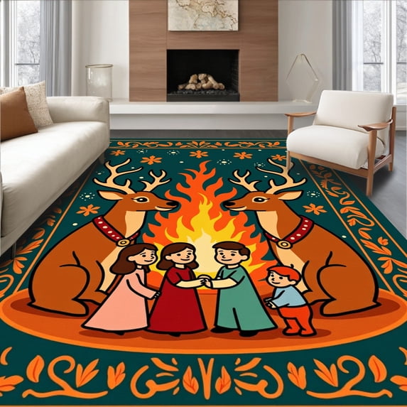 ODIKA 6'x9' Machine Washable Non-Slip Area Rug, Joyful Yuletide Celebration Reindeer Family Hearth High Traffic Rug with Pad, Orange, 609991