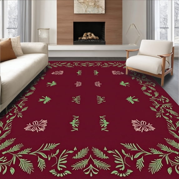 ODIKA 6'x9' Machine Washable Non-Slip Area Rug, Joyful Yuletide Hearth Adorned Elegant Pinecone Motifs High Traffic Rug, Red, 621772