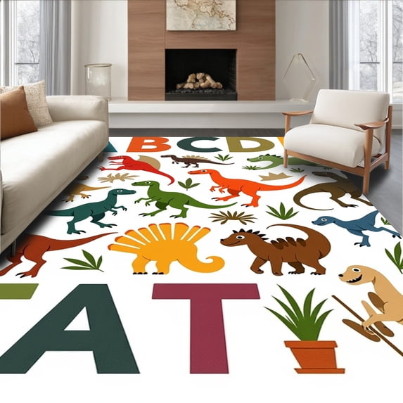 ODIKA 6'x9' Machine Washable Non-Slip Area Rug, Jurassic Alphabet Safari Nursery Educational Extinct Creature Guide High Traffic Rug with Pad, White, 698387