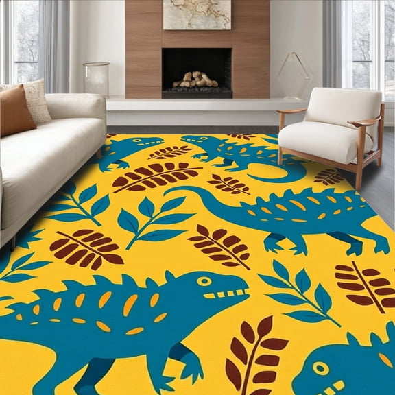 ODIKA 6'x9' Machine Washable Non-Slip Area Rug, Jurassic Creature Exploration with Four Distinct Dinosaur Designs High Traffic Rug with Pad, Yellow, 682053