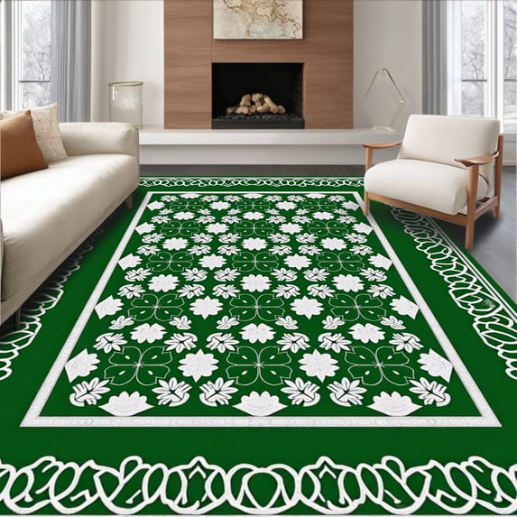 ODIKA 6'x9' Machine Washable Non-Slip Area Rug, Lucky Lattice Interlocking Modern Ornamental High Traffic Rug with Pad, Green, 632070
