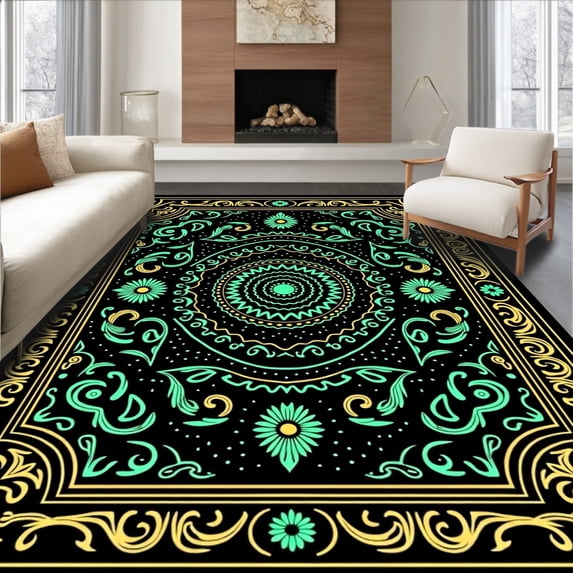ODIKA 6'x9' Machine Washable Non-Slip Area Rug, Lucky Spiral Mosaic Featuring Botanical Filigree and Polka Dot Flourishes High Traffic Rug, Black, 741408