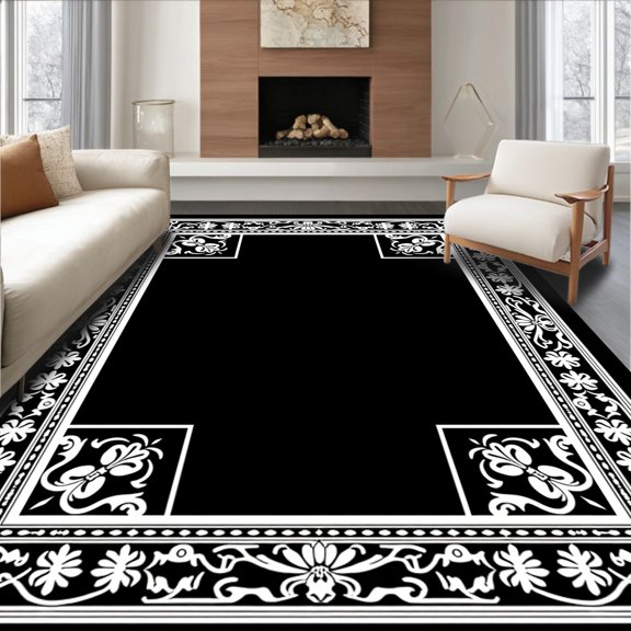 ODIKA 6'x9' Machine Washable Non-Slip Area Rug, Luxurious Baroque Jacquard Embellishment With Court Designs High Traffic Rug, Black, 545625