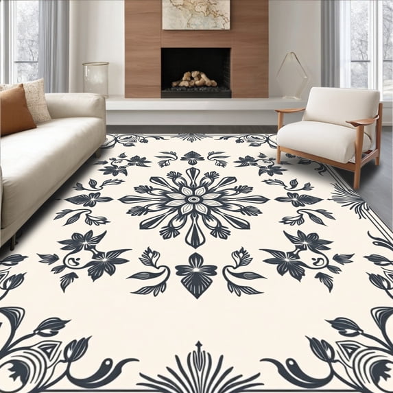 ODIKA 6'x9' Machine Washable Non-Slip Area Rug, Luxurious Boho Floral Medallion Contemporary Artistic High Traffic Rug, Ivory, 463916