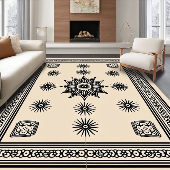 ODIKA 6'x9' Machine Washable Non-Slip Area Rug, Luxurious Medallion Jacquard Accent High Traffic Rug, Beige, 556497