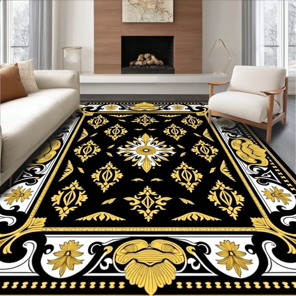 ODIKA 6'x9' Machine Washable Non-Slip Area Rug, Luxurious Rococo Style with Gold Leaf Motifs and Elaborate Symmetrical Scrolls High Traffic Rug, Black, 665796