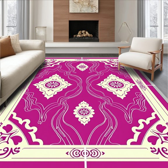 ODIKA 6x9 Machine Washable Non-Slip Area Rug, Luxurious Wavy Chevron Medallion Vintage Charm High Traffic Rug, Pink, 582390