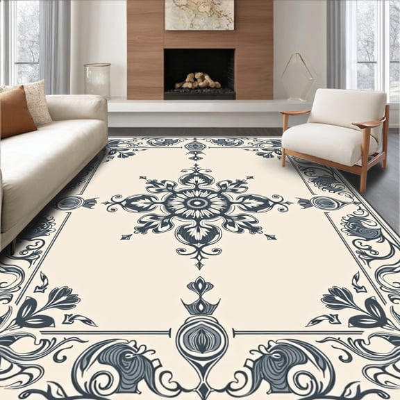 ODIKA 6x9 Machine Washable Non-Slip Area Rug, Lyndhurst Traditional Medallion Vintage Ornate Symmetrical Floral High Traffic Rug, Beige, 416335