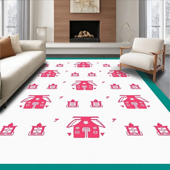 ODIKA 6'x9' Machine Washable Non-Slip Area Rug, Magical Snowy Village Bathroom Package With Nostalgic Artistry High Traffic Rug, Red, 626949
