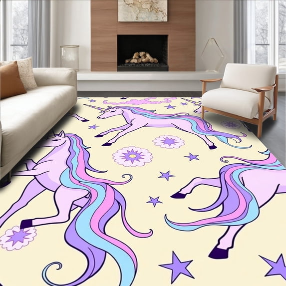 ODIKA 6'x9' Machine Washable Non-Slip Area Rug, Magical Unicorn Dreamland with Fantasy Creature Illustrations High Traffic Rug with Pad, Pink, 724230