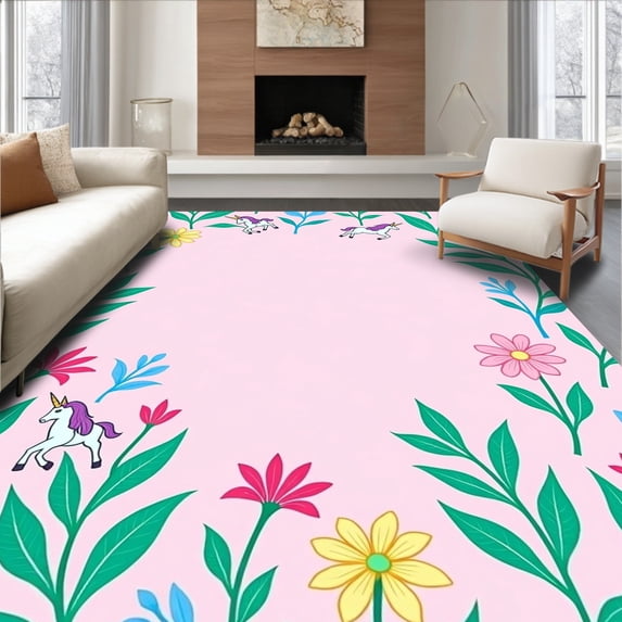 ODIKA 6'x9' Machine Washable Non-Slip Area Rug, Magical Unicorn Meadow with Blossoming Floral Accents High Traffic Rug, Pink, 724558