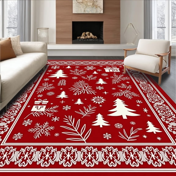 ODIKA 6'x9' Machine Washable Non-Slip Area Rug, Magical Winter Wonderland Hallway Entrance Enhancer High Traffic Rug, Red, 609146