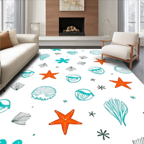 ODIKA 6'x9' Machine Washable Non-Slip Area Rug, Marine Life Medley with Scattered Shells and Gentle Wave Motifs High Traffic Rug, White, 703867