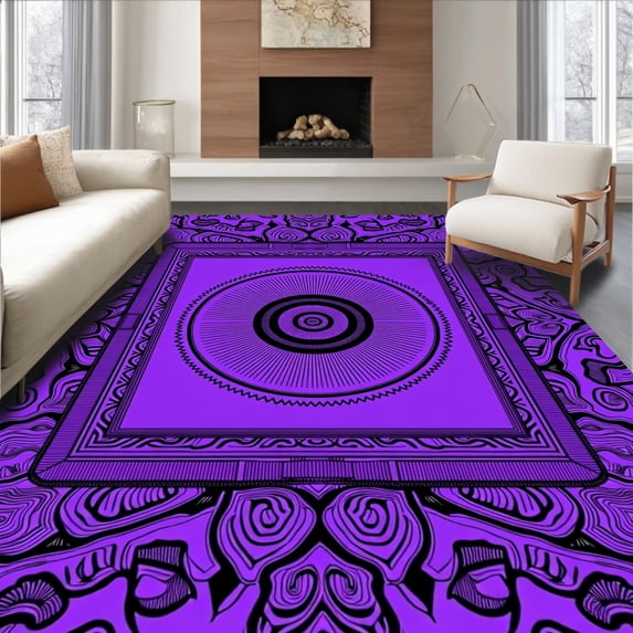 ODIKA 6'x9' Machine Washable Non-Slip Area Rug, Medallion Anti Slip Throw with Rubber Backing High Traffic Rug with Pad, Purple, 528551