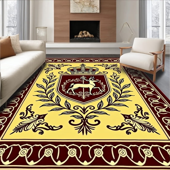 ODIKA 6'x9' Machine Washable Non-Slip Area Rug, Medieval Deer Crest with Interlocking Heraldic High Traffic Rug with Pad, Gold, 679473