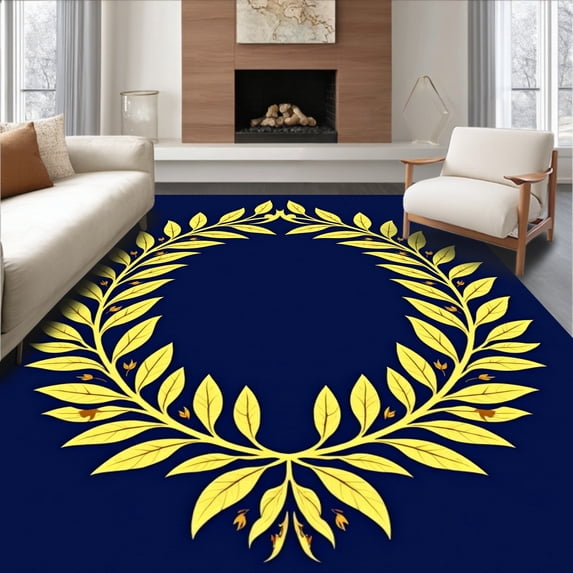 ODIKA 6'x9' Machine Washable Non-Slip Area Rug, Mediterranean Olive Branch Wreath with Songbird Design High Traffic Rug, Gold, 477871