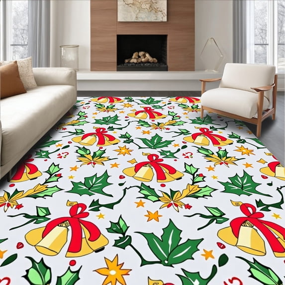 ODIKA 6'x9' Machine Washable Non-Slip Area Rug, Merry Bells and Holly with Starburst Motifs High Traffic Rug with Pad, Green, 617820