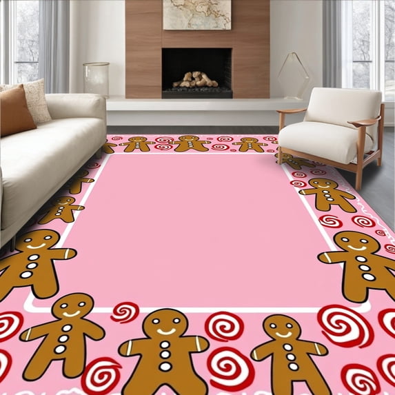 ODIKA 6'x9' Machine Washable Non-Slip Area Rug, Merry Peppermint Twist Gingerbread Family Celebration Accent High Traffic Rug with Pad, Pink, 734836