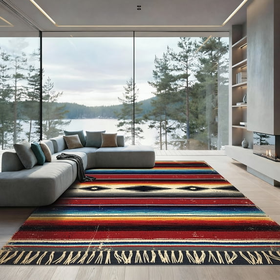 ODIKA 6'x9' Machine Washable Non-Slip Area Rug, Mexican Multicolor High Traffic Rug, Red, 1116607