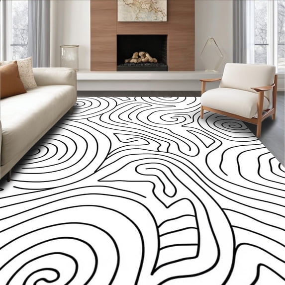 ODIKA 6'x9' Machine Washable Non-Slip Area Rug, Micro Loop Textured Contemporary Abstract Swirl Design High Traffic Rug, Black, 443598